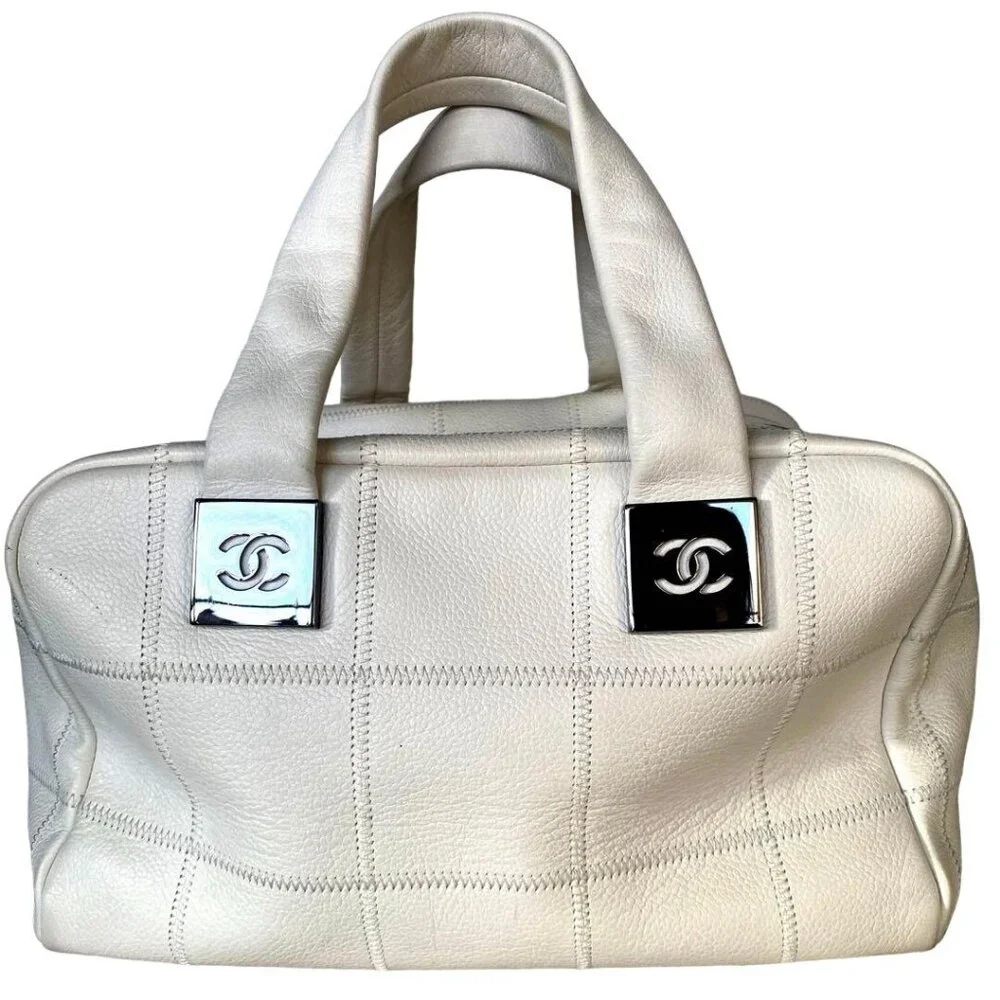 Authentic CHANEL CC Caviar Leather Boston Bag Bowler Shoulder Bag White Tote - Picture 4 of 10